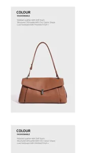 Bolso de hombro de cuero marrón clásico con diseño de solapa y elegante cierre metálico.