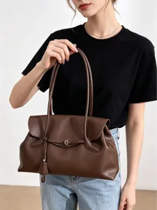 Klassische dunkelbraune Ledertasche für Damen, stilvolle große Pendler Schultertasche.