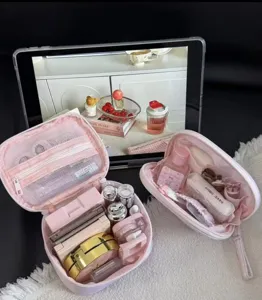 Pink travel cosmetic bag large capacity portable makeup organizer cute toiletry storage pouch