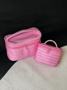 Pink striped cosmetic bag set portable large capacity travel makeup pouch with handle cute