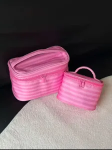 Pink striped cosmetic bag set, portable large capacity makeup organizer case for travel.