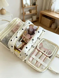 Vista dettagliata di una borsa cosmetica a pois multistrato con porta pennelli e scomparti.