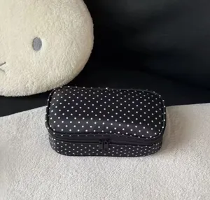 Black polka dot cosmetic bag portable travel toiletry pouch zipper makeup storage organizer