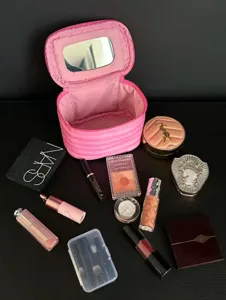 Pink striped cosmetic makeup bag with mirror, portable large capacity storage case.