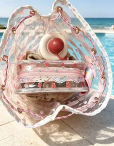 Clear PVC beach bucket bag with floral print waterproof travel cosmetic storage organizer bag.