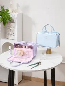 Large capacity PU leather makeup bag with bow, travel cosmetic organizer in light blue.