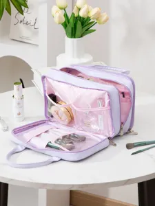 Travel cosmetic bag large capacity purple PU leather multi-layer makeup storage bag main