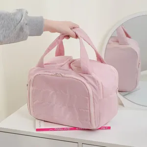 Large capacity pink cosmetic bag travel makeup organizer portable wash bag with quilted design