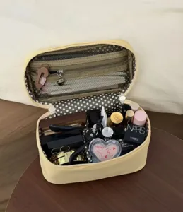 Yellow cosmetic bag large capacity multi-compartment travel makeup organizer detail