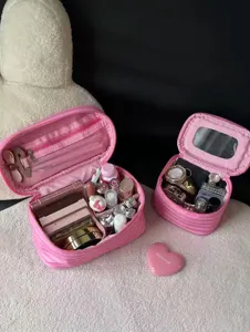 Pink striped cosmetic bag with mirror, large capacity portable makeup organizer for travel daily use.
