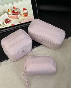 Cute pink polka dot cosmetic bag set, large capacity travel makeup storage organizer pouch.