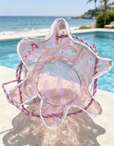 Clear transparent PVC bucket beach bag detail view, waterproof travel makeup pouch.
