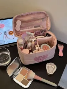 Pink large capacity cosmetic bag travel makeup organizer with heart embroidery for women