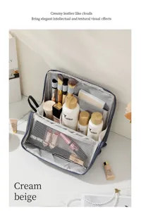 Large capacity leather cosmetic bag portable makeup organizer travel multi-layer storage pouch case