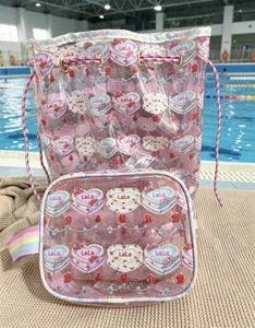 Clear PVC bucket waterproof swimming bag and cosmetic pouch set with cute pink design.