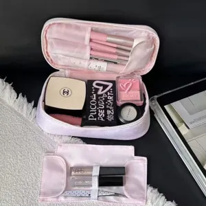 Pink polka dot makeup bag, large capacity portable travel cosmetic organizer pouch for women.