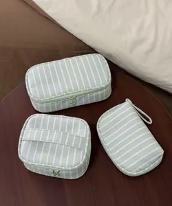 Green striped cosmetic bag set featuring multiple styles for travel and daily storage detail view.