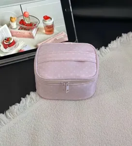 Cute pink polka dot cosmetic bag large capacity travel makeup storage portable handbag