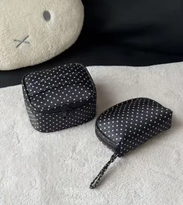 Black polka dot cosmetic bag set, large capacity portable travel makeup storage pouch.
