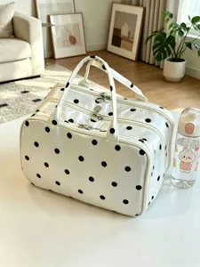 Borsa cosmetica bianca a pois a 3 strati grande capacità astuccio da toeletta portatile