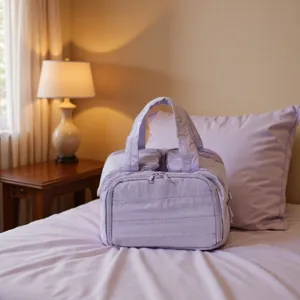Light purple quilted travel cosmetic bag portable large capacity makeup organizer pouch