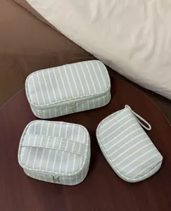 Green striped cosmetic bag set, large capacity portable travel makeup storage toiletry case.