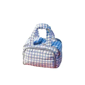 Blue and white checkered quilted cosmetic bag large capacity travel toiletry organizer with handles.