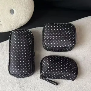Classic Black Polka Dot Cosmetic Bag Nylon Portable Travel Makeup Storage Toiletry Organizer Handbag Wash Bag