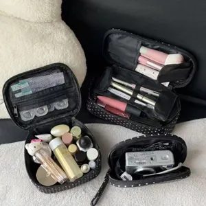 Black polka dot cosmetic bag large capacity portable travel makeup organizer multi-layer wash bag.