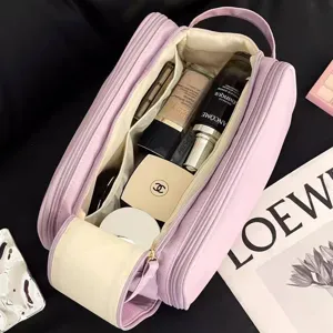 Close-up detail of the large capacity waterproof PU leather cosmetic travel organizer bag interior.