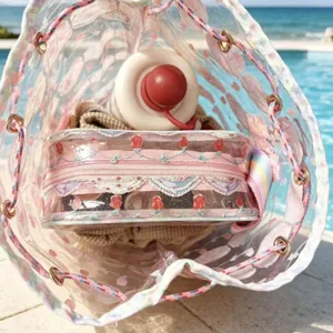 Clear PVC waterproof beach bucket bag, large capacity cosmetic organizer for travel.