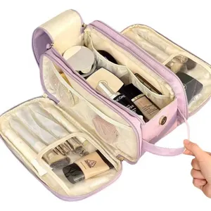 Large capacity PU waterproof travel makeup bag, portable multi-compartment cosmetic organizer.