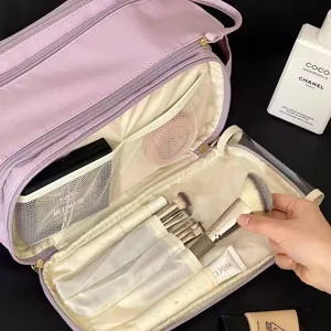 Large capacity PU leather makeup bag in misty purple, waterproof travel cosmetic storage pouch.