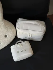 White floral embroidered cosmetic bag set, large capacity portable travel makeup storage pouch.