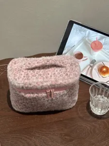 Rosa Leo Plüsch Kosmetiktasche, flauschige große Kapazität Reise Make-up Aufbewahrungsbox.