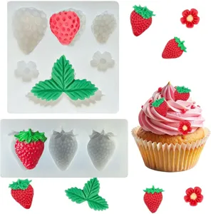 Silicone mold detail showing strawberry and flower shapes for DIY crafts and cake baking.
