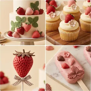 Close-up details of strawberry silicone mold crafts, cute DIY clay decorations and cake decors.