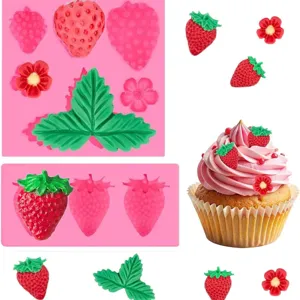 Silicone mold set featuring strawberry, leaf, and flower designs for DIY crafts and baking.