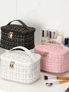 Portable Tweed Cosmetic Bag Travel Makeup Pouch Large Capacity Handheld Toiletry Organizer Chic Plaid Bag For Women