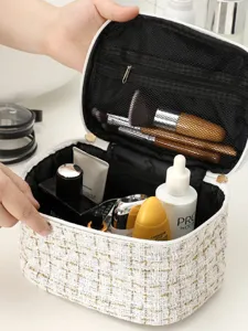 White tweed cosmetic bag with large capacity, portable zipper makeup organizer for travel.