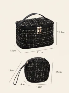 Classic tweed cosmetic bag set, portable travel toiletry organizer with handle and zipper.