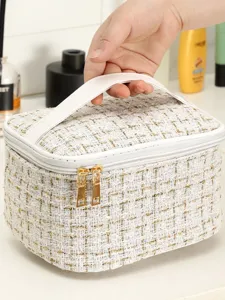 Tweed Cosmetic Bag Portable Makeup Pouch Travel Toiletry Organizer with Handle Women