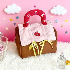 Cute quilted makeup bag with lucky handle large capacity travel cosmetic pouch handbag