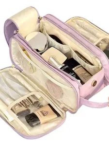 Large capacity PU leather waterproof travel cosmetic bag in pastel purple, multi-compartment.