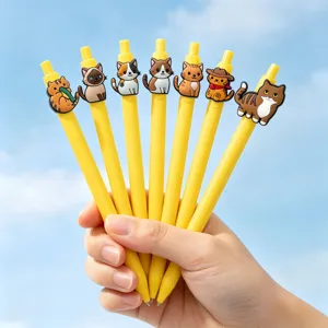 Set de bolígrafos gel con gatos animados, bolígrafos retráctiles amarillos para oficina y escuela.