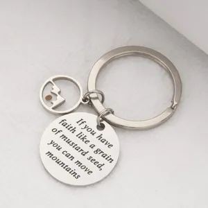 Stainless Steel Mustard Seed Keychain Faith Quote Engraved Metal Key Ring Accessory