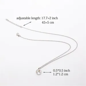 Stainless steel necklace detail showing adjustable length and round mountain pendant dimensions clearly.