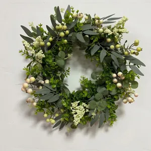 Artificial eucalyptus berry wreath for front door home decor, large size fake green leaf garland.