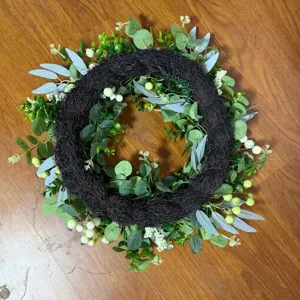 Large artificial eucalyptus berry wreath for front door, rustic vine garland for spring home decor.
