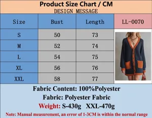 Detailed size chart and measurement guide for women's V-neck contrast knit cardigan sweater.